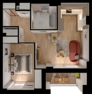 Chic open-plan apartment layout with one bedroom, cozy living area, modern kitchen, and elegant bathroom. Perfect for stylish urban living.