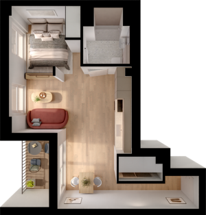 Modern 1-bedroom apartment floor plan featuring an open living area, cozy kitchen, elegant bathroom, and a charming balcony.