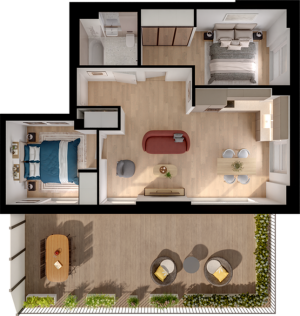Elegant floor plan showcasing a modern apartment with two cozy bedrooms, an open-concept living and dining area, and a stylish kitchen. Includes a large balcony with seating and lush greenery.