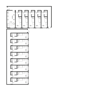 Modern L-shaped floor plan with multiple compact bedrooms and communal living area, ideal for urban living.