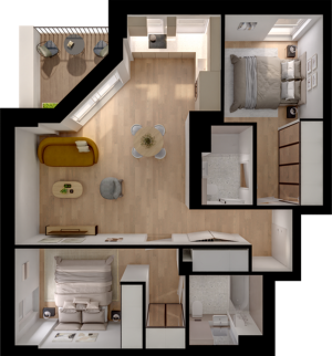 Modern 3D floor plan with two cozy bedrooms, open-concept living and dining area, stylish kitchen, and a charming balcony.
