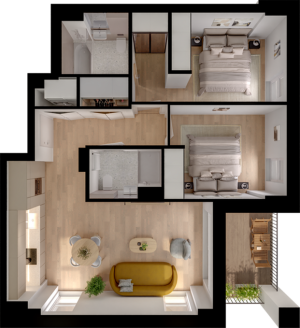 Modern floor plan featuring 2 spacious bedrooms, a cozy living area, sleek kitchen, and private balcony for city living enthusiasts.