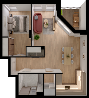 Modern apartment floor plan with 1 bedroom, stylish open-concept living and dining area, sleek kitchen, and private balcony.
