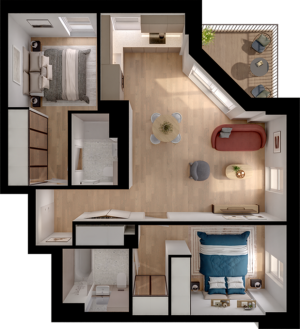 Modern floor plan featuring 2 bedrooms, open living and dining area, sleek kitchen, and cozy balcony.