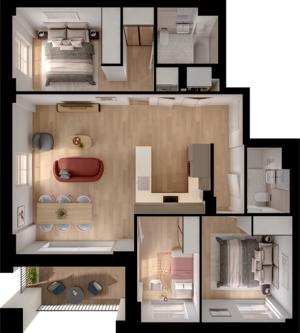 Modern 3D floor plan showcasing two bedrooms, an open-concept living area with a chic red sofa, sleek kitchen, two bathrooms, and a cozy balcony space.