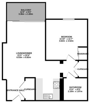 Chic 2D floor plan displaying a bedroom, open lounge diner, kitchen, bathroom, and balcony.