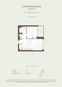 Coppermaker Square floor plan featuring 1 bedroom, modern open-concept kitchen, living, and dining area with a cozy balcony, covering 539 sq ft.