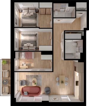 Modern floor plan showcasing three cozy bedrooms, an inviting open living room, stylish kitchen, and a charming balcony, all with chic furnishings.