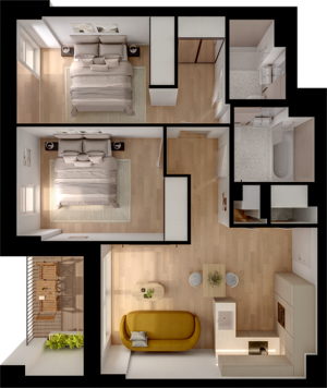 Modern 2-bedroom apartment floor plan featuring an open-concept living area, stylish kitchen, and private outdoor patio.