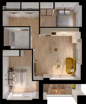 Modern 2-bedroom apartment floor plan with spacious living room, cozy dining area, sleek kitchen, and a relaxing balcony.