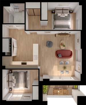 Modern apartment floor plan featuring 2 cozy bedrooms, an open-concept kitchen and living area, and a private balcony.