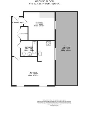 Efficient floor plan showcasing a ground floor apartment with a spacious kitchen, cozy bedroom, modern bathroom, and expansive balcony at 575 sq. ft.