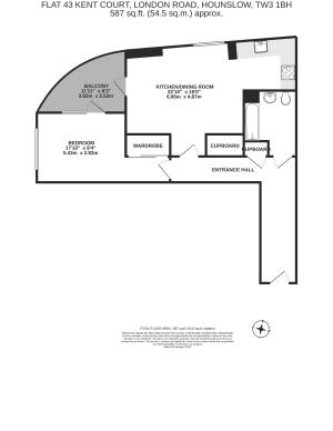 Elegant floor plan for Flat 43 Kent Court featuring 1 spacious bedroom, a modern kitchen/dining room, and a private balcony. Total area of 587 sq.ft., perfect for comfortable city living in Hounslow.