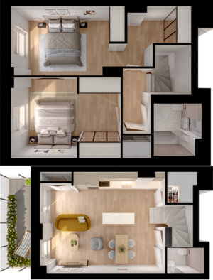 Modern 3D floor plan showcasing two cozy bedrooms, an open-concept kitchen and living area, complete with a stylish patio.