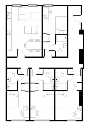 Modern floor plan showcasing 3 bedrooms, two bathrooms, a spacious living room, and an open kitchen with dining area.