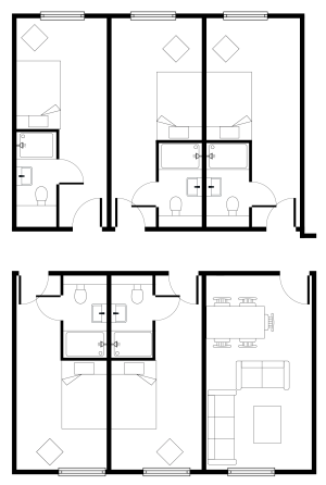 Contemporary floor plan showcasing 3 bedrooms, dual master baths, open living and dining area.