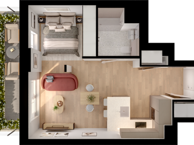 Modern floor plan featuring a cozy bedroom, stylish bathroom, open-concept living area, and chic kitchen with access to a lush balcony.