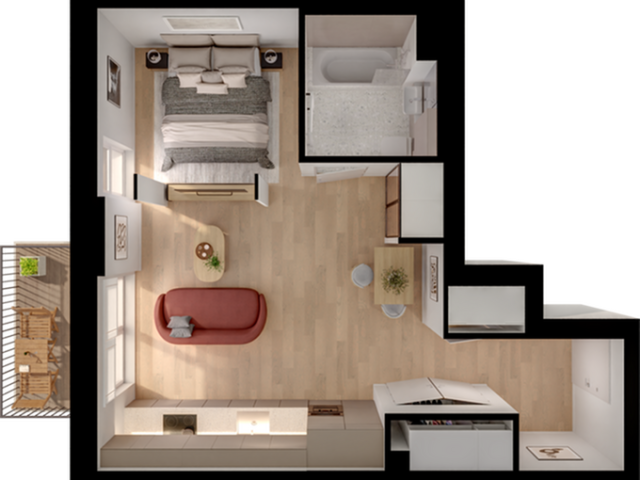 Modern 1-bedroom apartment layout featuring an open-concept living area, cozy kitchen, and luxurious bathroom, complete with a private balcony for outdoor relaxation.