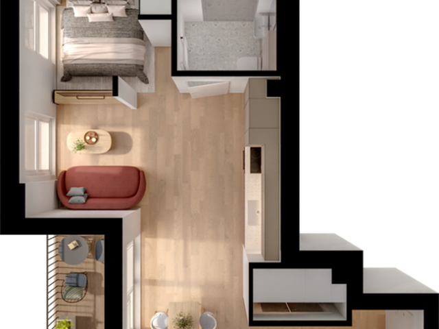 Modern 1-bedroom apartment floor plan featuring an open living area, cozy kitchen, elegant bathroom, and a charming balcony.