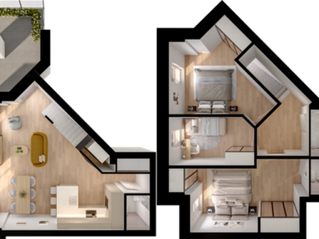 Elegant 3D floor plan showcasing a sleek open-concept living area, modern kitchen, and three cozy bedrooms with stylish bathrooms.