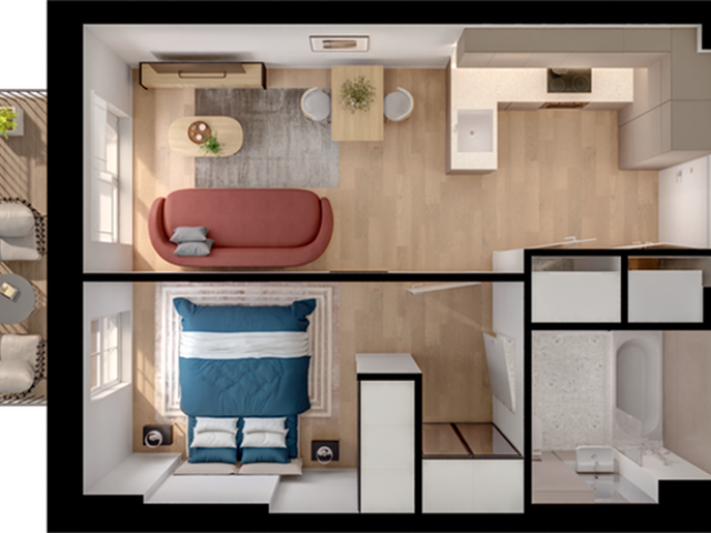 Chic apartment floor plan showcasing 1 bedroom, modern open-concept kitchen and living area, stylish bathroom, and cozy balcony.