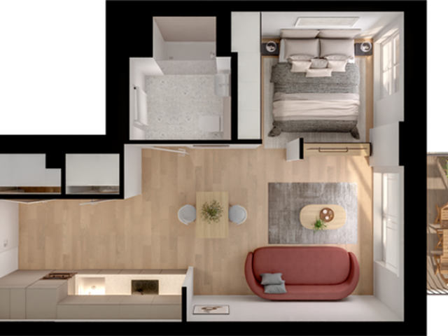 Chic floor plan showcasing a cozy bedroom, modern bathroom, elegant living area, and compact kitchen with a charming balcony.