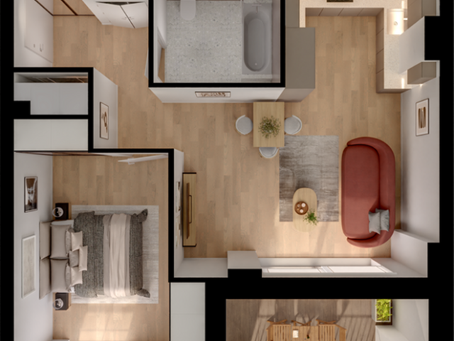 Chic open-plan apartment layout with one bedroom, cozy living area, modern kitchen, and elegant bathroom. Perfect for stylish urban living.