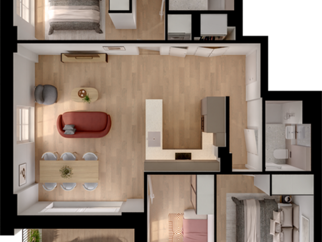 Modern 3D floor plan showcasing two bedrooms, an open-concept living area with a chic red sofa, sleek kitchen, two bathrooms, and a cozy balcony space.