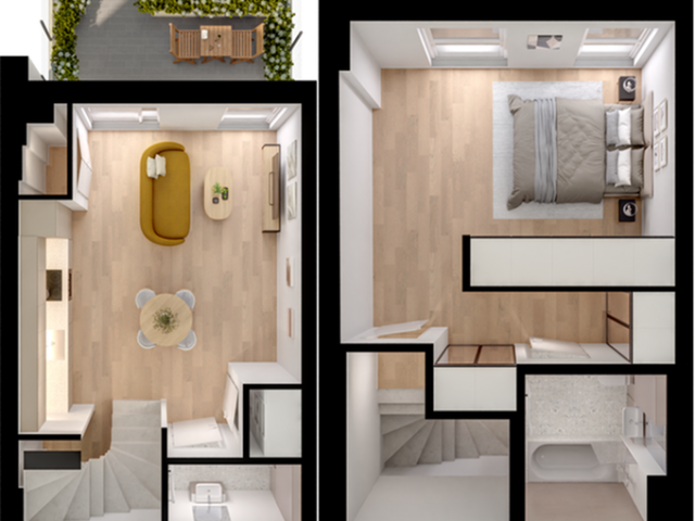 Modern duplex floor plan showcasing an elegant bedroom, open living and dining area, chic bathroom, and a charming balcony space.