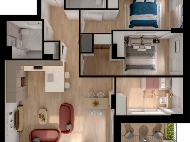 Elegant floor plan showcasing 3 bedrooms, open-concept living area, modern kitchen, and cozy balcony.