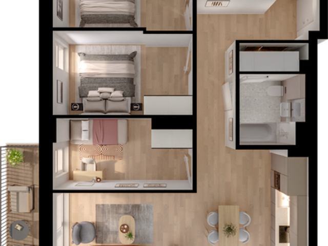 Modern floor plan showcasing three cozy bedrooms, an inviting open living room, stylish kitchen, and a charming balcony, all with chic furnishings.