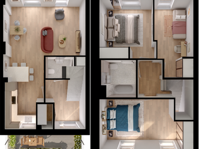 Elegant 3D floor plan highlighting a spacious two-story apartment with three bedrooms, open living area, modern kitchen, and a charming outdoor patio.