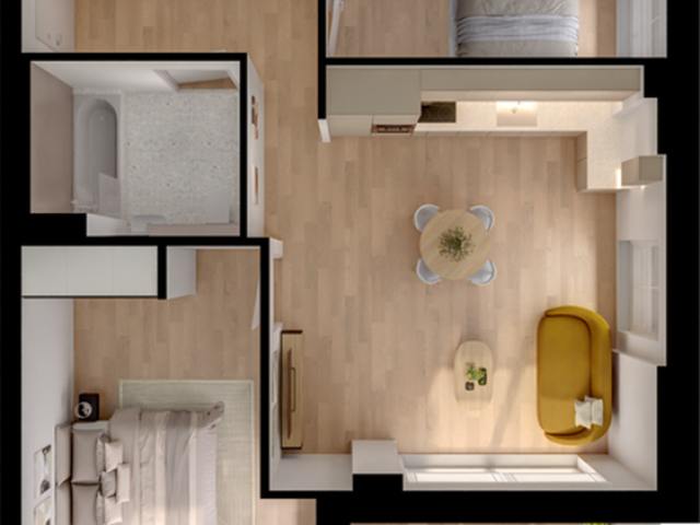 Modern 2-bedroom apartment floor plan with spacious living room, cozy dining area, sleek kitchen, and a relaxing balcony.
