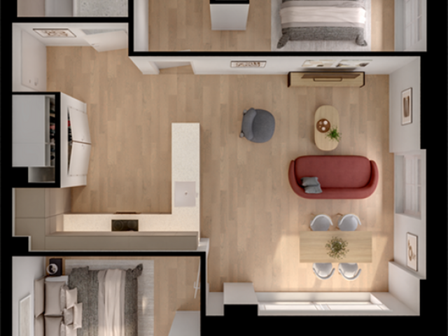 Modern apartment floor plan featuring 2 cozy bedrooms, an open-concept kitchen and living area, and a private balcony.