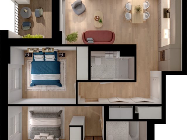 Modern 3D floor plan showcasing two spacious bedrooms, an inviting living room, sleek kitchen, and two elegant bathrooms with contemporary fixtures.