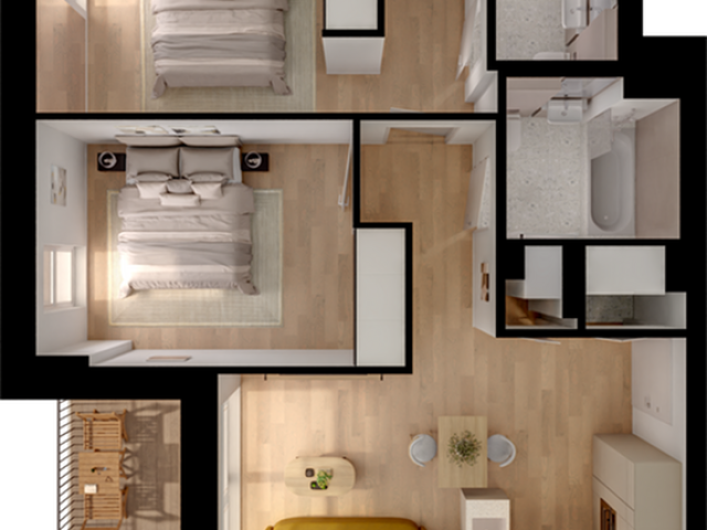Modern 2-bedroom apartment floor plan featuring an open-concept living area, stylish kitchen, and private outdoor patio.