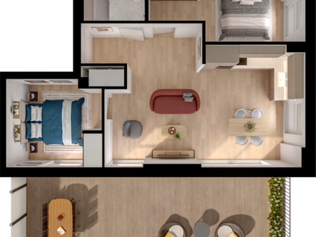 Elegant floor plan showcasing a modern apartment with two cozy bedrooms, an open-concept living and dining area, and a stylish kitchen. Includes a large balcony with seating and lush greenery.