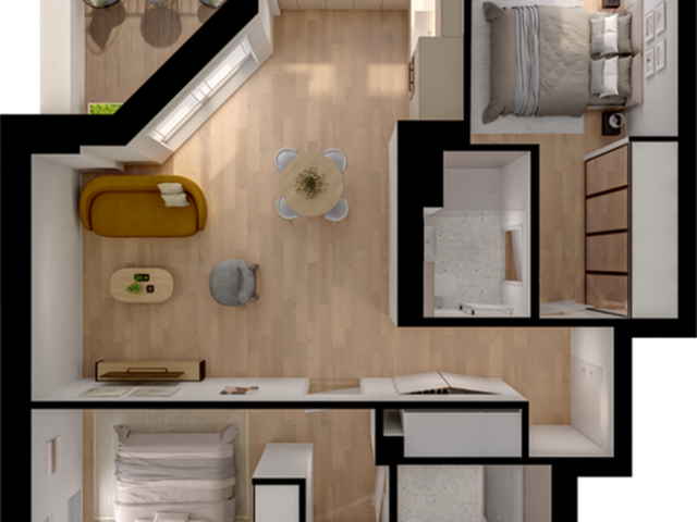 Modern 3D floor plan with two cozy bedrooms, open-concept living and dining area, stylish kitchen, and a charming balcony.