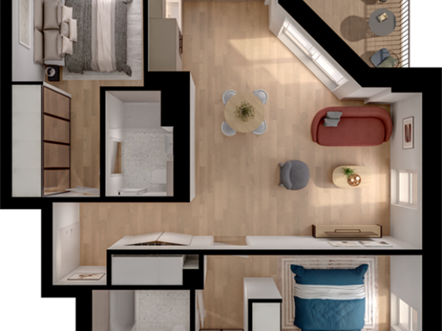 Modern floor plan featuring 2 bedrooms, open living and dining area, sleek kitchen, and cozy balcony.