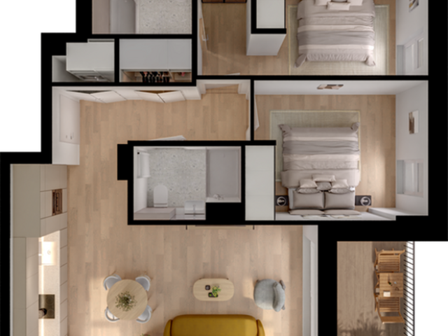 Modern floor plan featuring 2 spacious bedrooms, a cozy living area, sleek kitchen, and private balcony for city living enthusiasts.