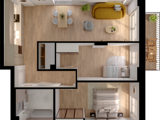 Modern 2D floor plan showcasing a stylish 2-bedroom apartment with an open-concept living and dining area, cozy living room, elegant bathroom, and inviting outdoor deck space.