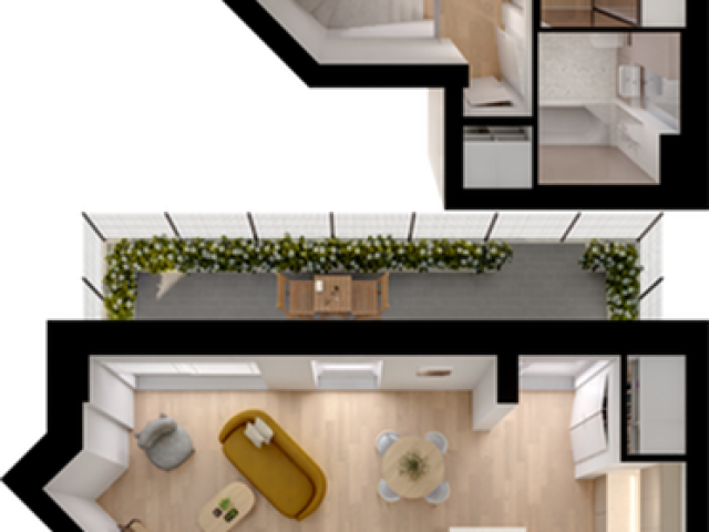 Modern split-level floor plan showcasing two bedrooms, open-concept living area, and elegant kitchen with a spacious balcony.