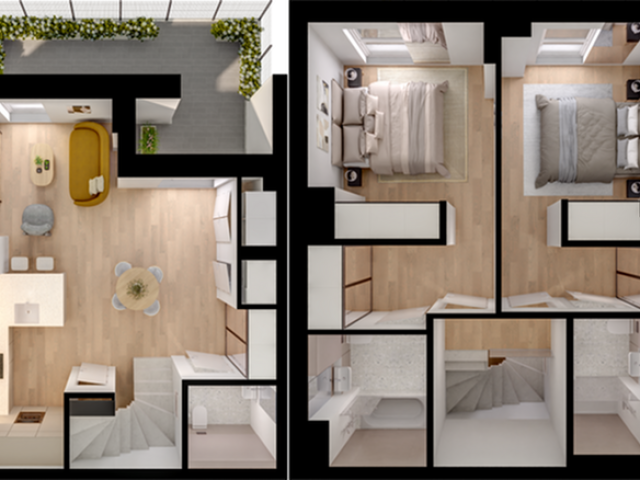 Modern 2D floor plan highlighting a stylish open-concept living area, sleek kitchen, and two cozy bedrooms with a spacious outdoor terrace.