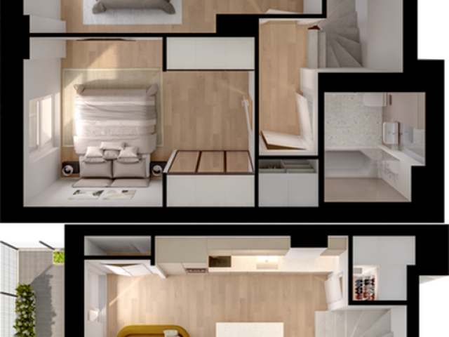 Modern 3D floor plan showcasing two cozy bedrooms, an open-concept kitchen and living area, complete with a stylish patio.