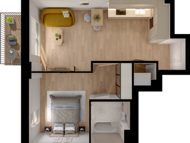 Chic one-bedroom apartment floor plan featuring an open-concept living area with a modern kitchen and cozy bedroom, complemented by a stylish bathroom and serene balcony space.