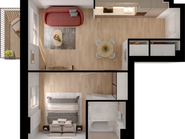 Inviting one-bedroom apartment floor plan featuring an open living area, modern kitchen, cozy bedroom, and sleek bathroom.