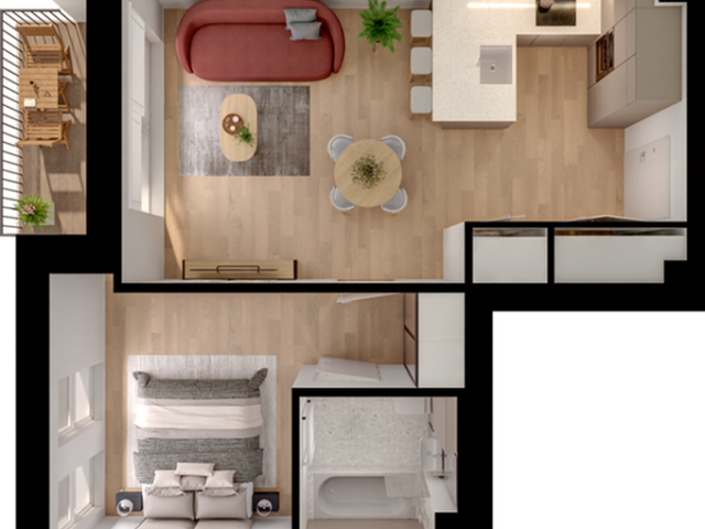 Chic floor plan showcasing a cozy 1-bedroom with an inviting open-concept living area, modern kitchen with bar seating, and a sunlit balcony space.