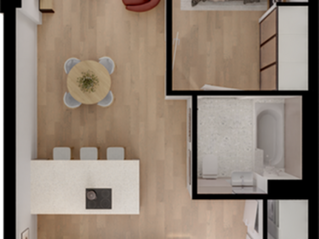 Inviting floor plan featuring a cozy bedroom, sleek modern kitchen with island seating, and an elegant living area leading to a charming outdoor patio.