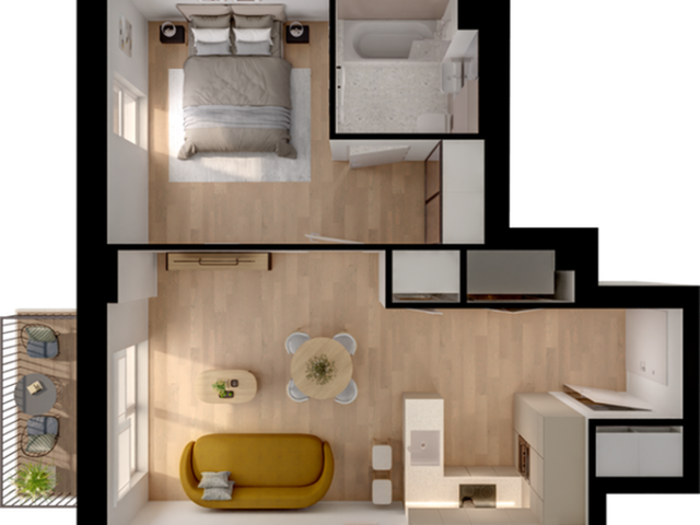 Chic 1-bedroom apartment floor plan featuring an inviting open-concept living area, modern kitchen, and balcony for relaxation.