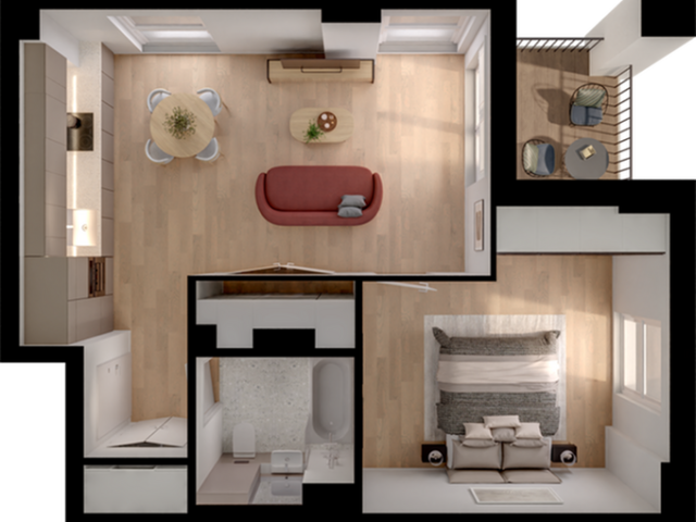 Elegant 1-bedroom apartment floor plan with open-concept living space, modern kitchen, cozy bedroom, and stylish bathroom.